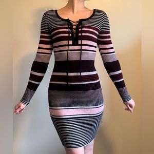 Striped Pink & Black Long Sleeve Tight Dress with Lace Up Front Size M